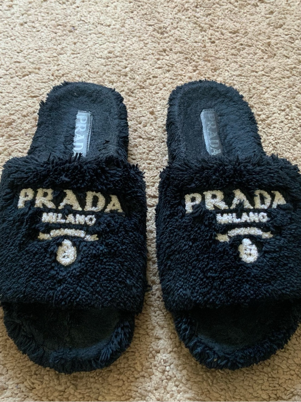 Prada Women’s Black Logo Shearling Embroidered Logo Slides Slippers Size 38